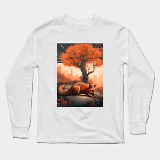 Tranquil Fox Slumber under Orange Sky Long Sleeve T-Shirt